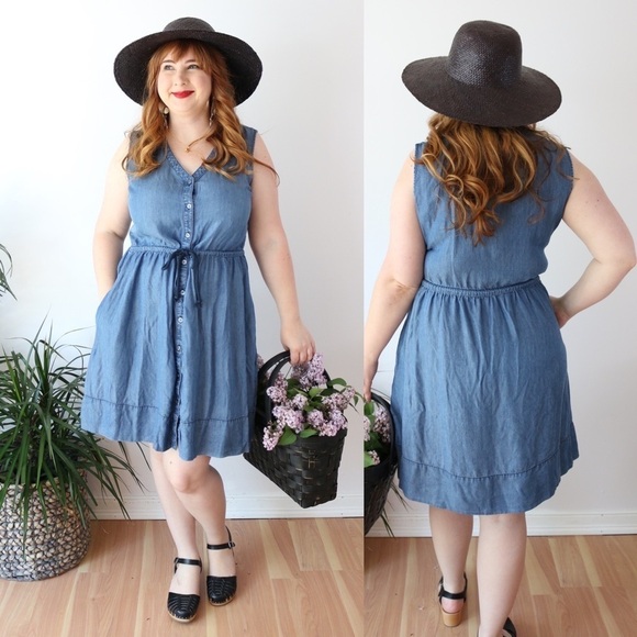 Denim Dress Tencel Drawstring Waist A Line Knee Length Pockets Casual Summer - Picture 1 of 8